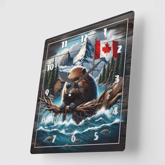 Canadese Bever bij Lake With Mountains en Flag Vierkante Klok (Hoek)