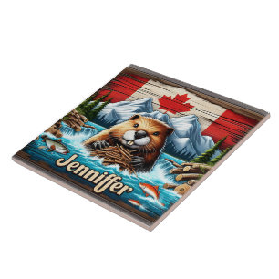 Canadese bever bouwt dam in bergstroom tegeltje