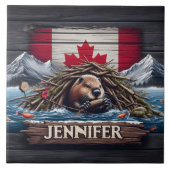 Canadese bever bouwt dam in de buurt van bergen tegeltje (Voorkant)