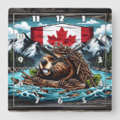 Canadese bever bouwt dam in rotsachtig landschap vierkante klok (Voorkant)