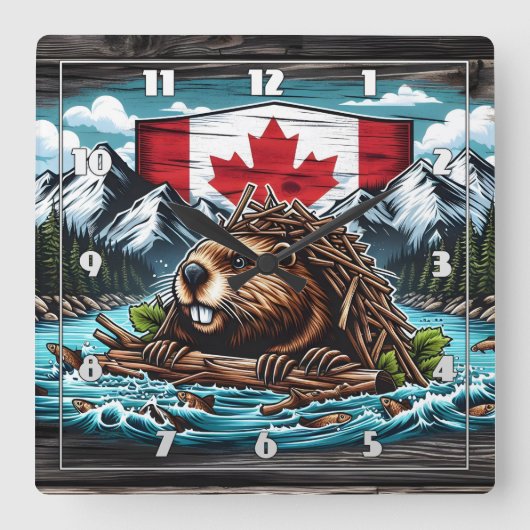 Canadese bever bouwt dam in rotsachtig landschap vierkante klok (Voorkant)