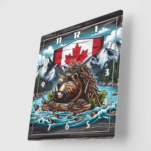 Canadese bever bouwt dam in rotsachtig landschap vierkante klok (Hoek)