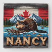 Canadese bever bouwt nest nabij Mountain Lake Vierkante Klok (Voorkant)