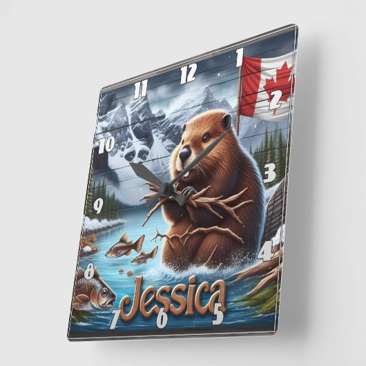 Canadese Bever Holding Sticks bij een meer Vierkante Klok (Hoek)