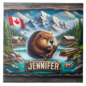 Canadese bever houdt tak bij Mountain Lake Tegeltje (Voorkant)