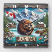 Canadese bever houdt tak bij Mountain Lake Vierkante Klok (Voorkant)