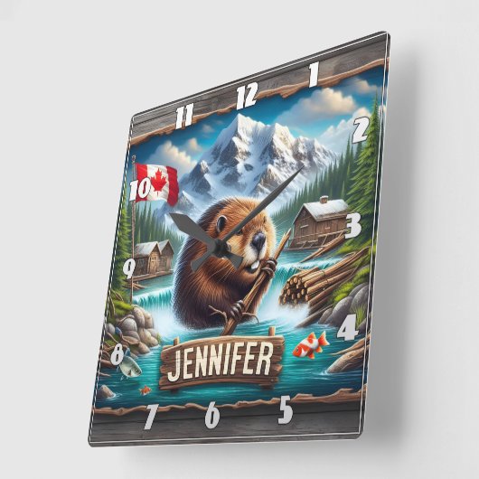 Canadese bever houdt tak bij Mountain Lake Vierkante Klok (Hoek)