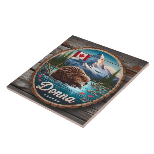 Canadese bever in bosvijver met bergen tegeltje (Zijkant)