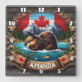 Canadese bever in de buurt van bergen en esdoornbl vierkante klok (Voorkant)