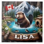 Canadese bever in de buurt van de berg in een meer tegeltje (Voorkant)