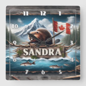 Canadese bever in Schilderachtig rivier met vlag Vierkante Klok (Voorkant)