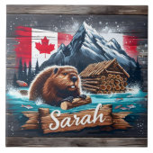 Canadese bever in water met boomstammen in de buur tegeltje (Voorkant)