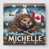 Canadese bever met blauwe oceaan scène vierkante klok (Voorkant)