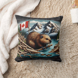 Canadese bever met vlag bij Mountain River Kussen