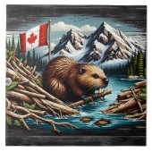 Canadese bever met vlag bij Mountain River Tegeltje (Voorkant)