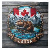 Canadese bever met vlag en bergen bij zonsondergan tegeltje (Voorkant)