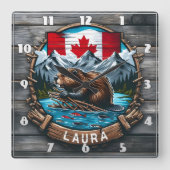 Canadese bever met vlag en bergen bij zonsondergan vierkante klok (Voorkant)