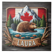 Canadese bever met vlag en bergen tegeltje (Voorkant)