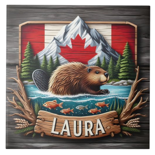 Canadese bever met vlag en bergen tegeltje (Voorkant)