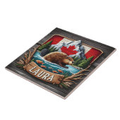 Canadese bever met vlag en bergen tegeltje (Zijkant)