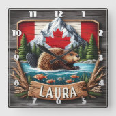 Canadese bever met vlag en bergen vierkante klok (Voorkant)