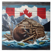 Canadese bever met vlag en lodge in Natuur Tegeltje (Voorkant)
