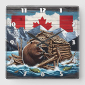 Canadese bever met vlag en lodge in Natuur Vierkante Klok (Voorkant)