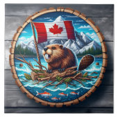 Canadese bever met vlag in berglandschap tegeltje (Voorkant)