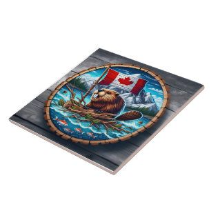 Canadese bever met vlag in berglandschap tegeltje