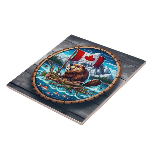 Canadese bever met vlag in berglandschap tegeltje (Zijkant)