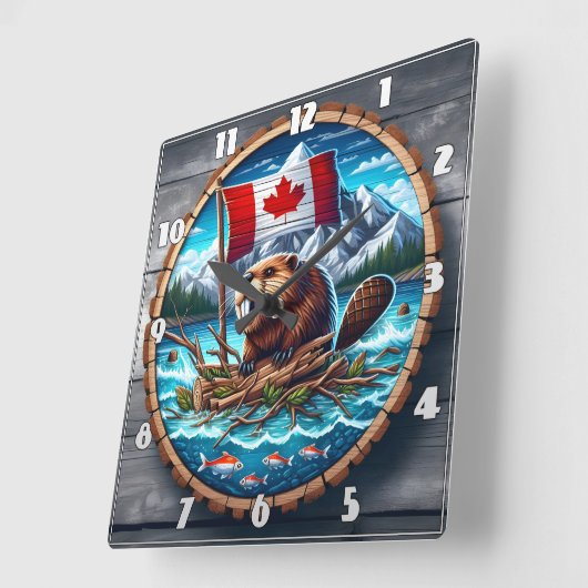 Canadese bever met vlag in berglandschap vierkante klok (Hoek)