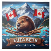 Canadese bever met vlaggen in bergachtige omgeving tegeltje (Voorkant)