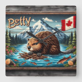 Canadese Bever Nesting bij Mountain River Vierkante Klok (Voorkant)
