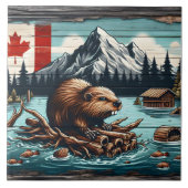 Canadese bever op een boomstam bij Lake With Mount Tegeltje (Voorkant)