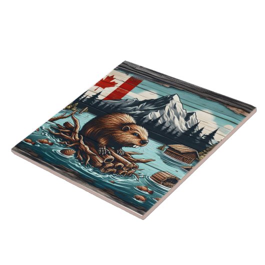 Canadese bever op een boomstam bij Lake With Mount Tegeltje (Zijkant)