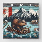 Canadese bever op een boomstam bij Lake With Mount Vierkante Klok (Voorkant)