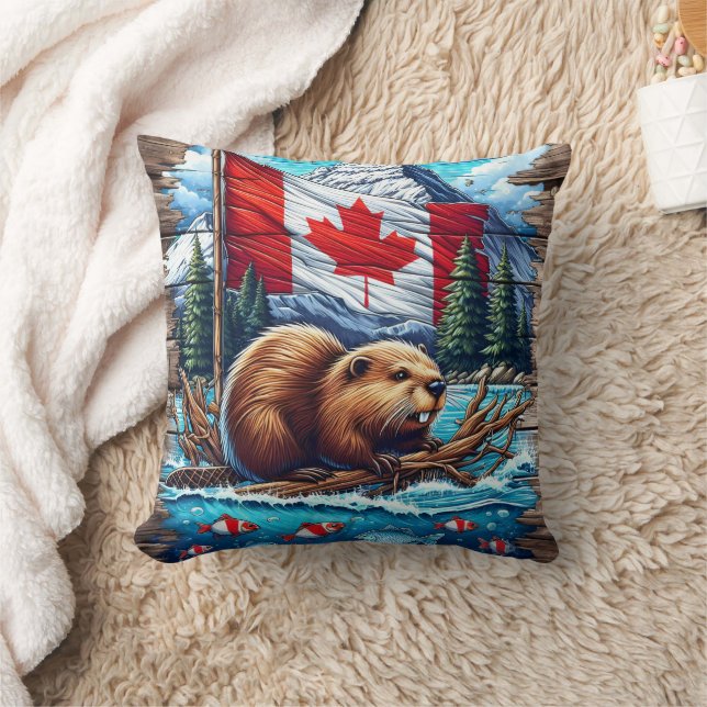 Canadese bever op het meer met Canadese vlag Kussen (Deken)