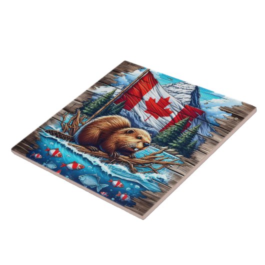 Canadese bever op het meer met Canadese vlag Tegeltje (Zijkant)