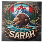 Canadese bever op het water met bergen en bomen tegeltje (Voorkant)