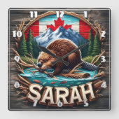 Canadese bever op het water met bergen en bomen vierkante klok (Voorkant)