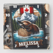 Canadese bever op log met bergachtige achtergrond vierkante klok (Voorkant)