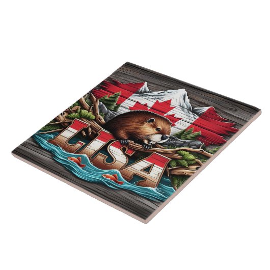 Canadese bever tussen bomen en bergen tegeltje (Zijkant)