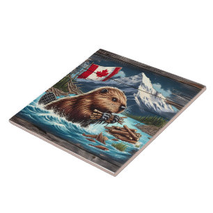 Canadese bever verzamelt stokjes in de buurt van b tegeltje