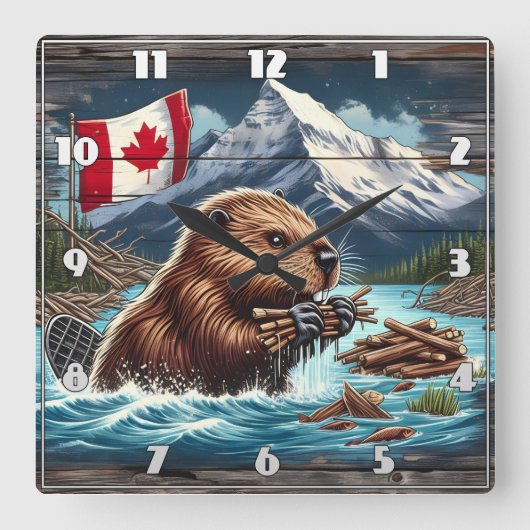 Canadese bever verzamelt stokjes in de buurt van b vierkante klok (Voorkant)