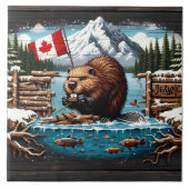 Canadese Bever, Vlag, Berg, Oceaan Tegeltje (Voorkant)