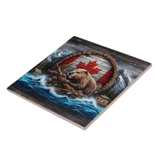 Canadese bever voor berglandschap tegeltje (Zijkant)