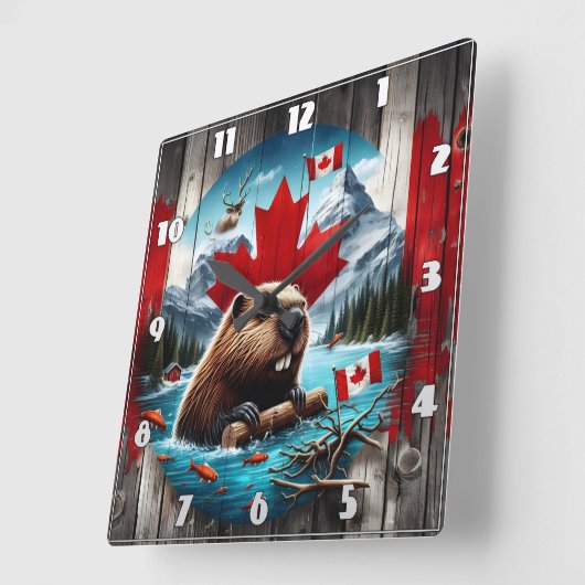 Canadese bever voor de achtergrond van Maple Leaf Vierkante Klok (Hoek)