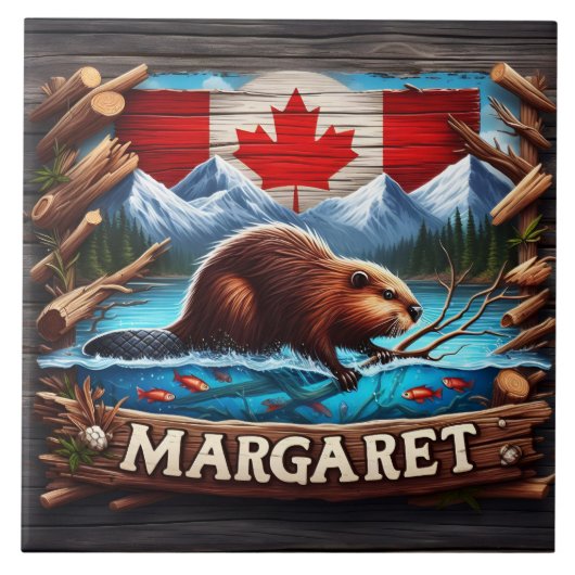 Canadese bever zwemmen in de buurt van bergen en b tegeltje (Voorkant)