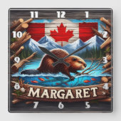 Canadese bever zwemmen in de buurt van bergen en b vierkante klok (Voorkant)