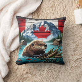 Canadese bever zwemmen in de buurt van rustieke hu kussen